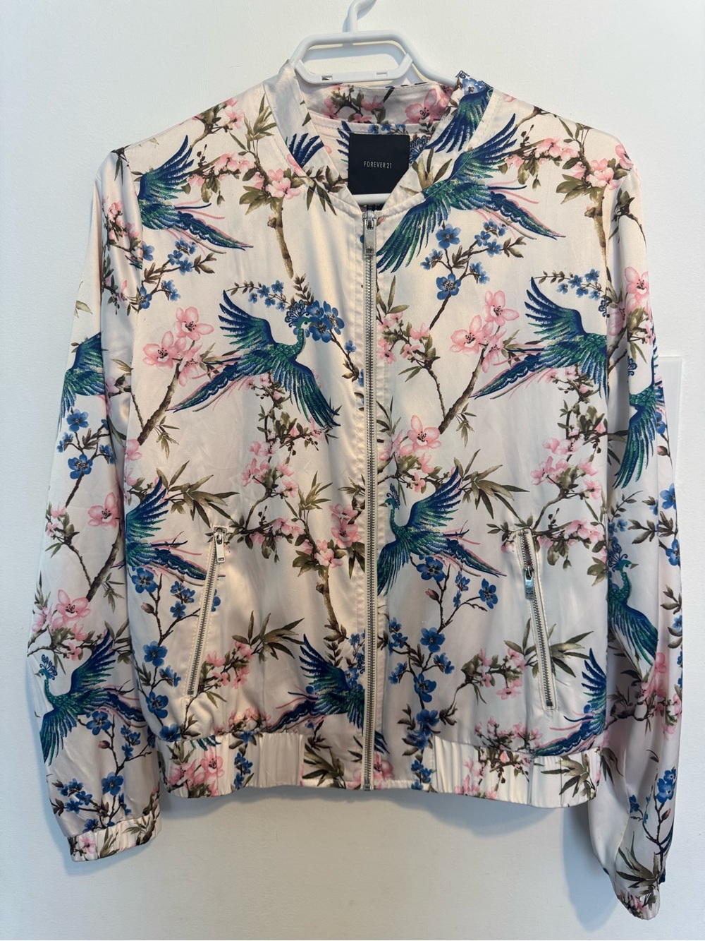 Forever 21 Cream Bomber Jacket with Blue & Pink Bird Floral Print